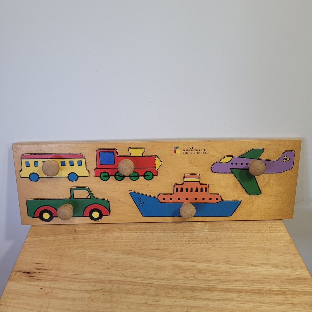 Puzzle Wooden Peg Tray Doron Layeled 1992 Vtg Transportation 20" Bus Boat Plane